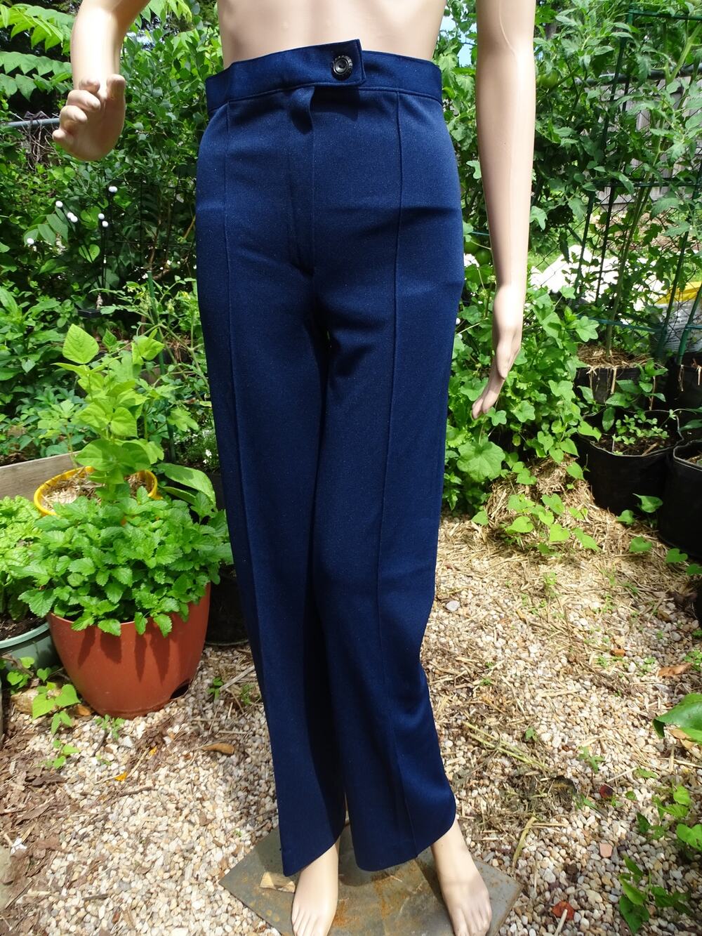 Vintage 70s Navy Blue High Waisted Wide Leg Trousers Pants Modern Size 4